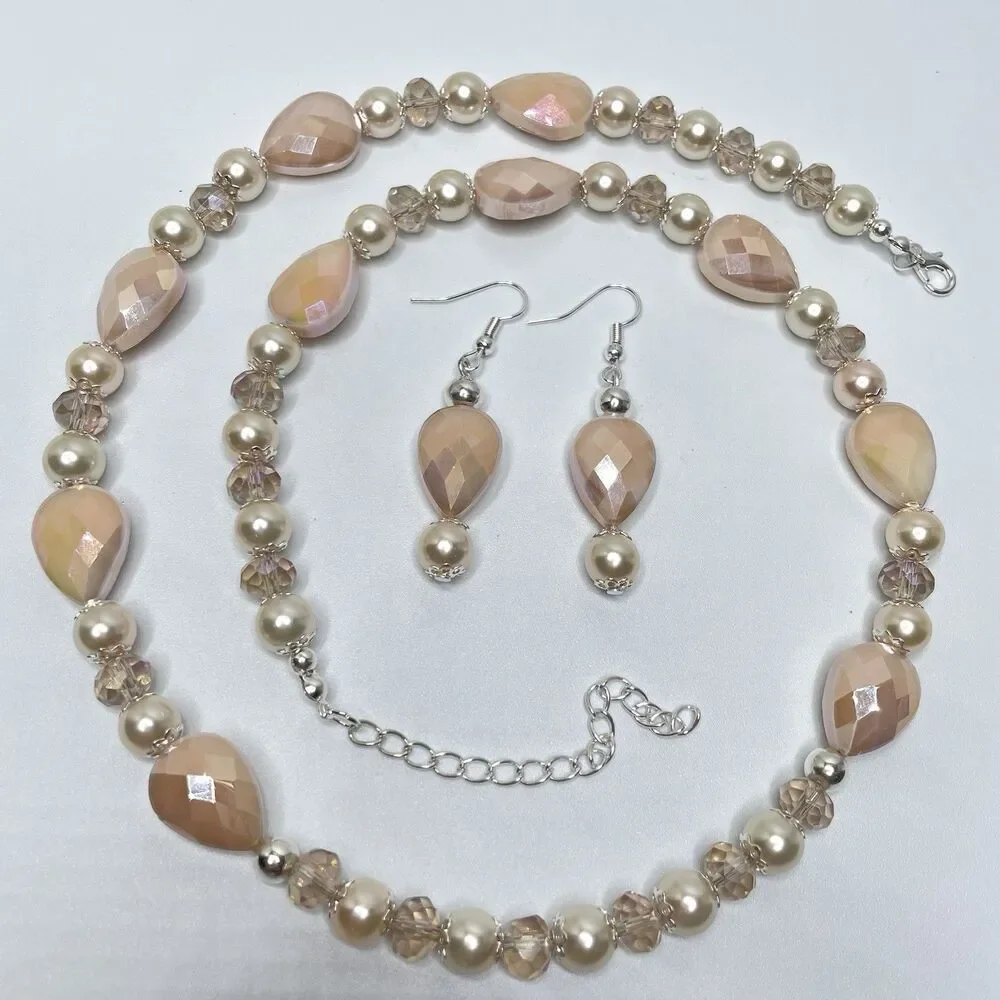Artisan Blush Beige Pear Cut Glass Beaded Faux Pearl Necklace Earrings Set